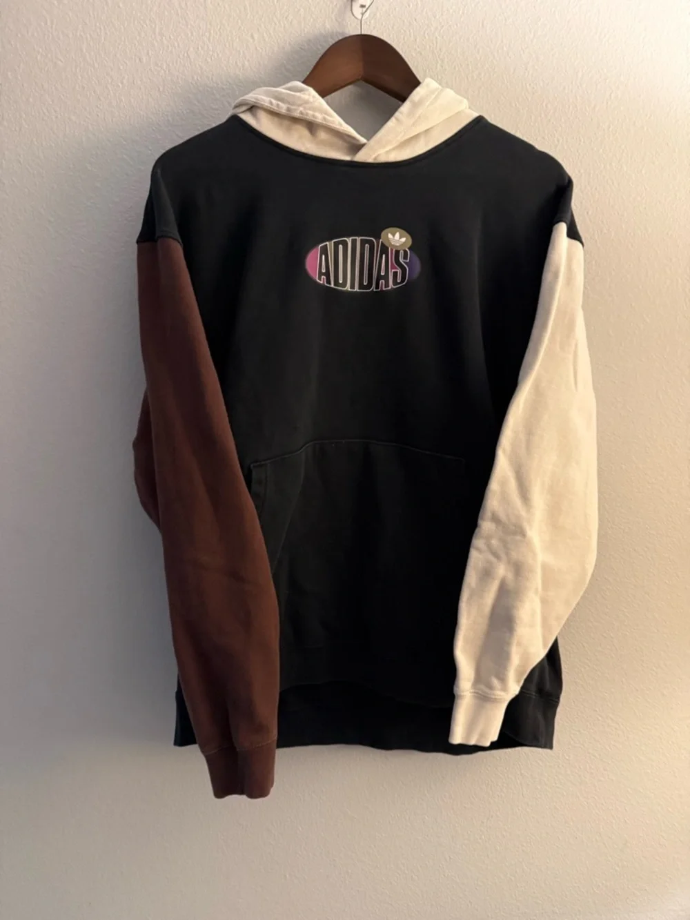 adidas Black Hoodie with Brown and Cream Sleeves